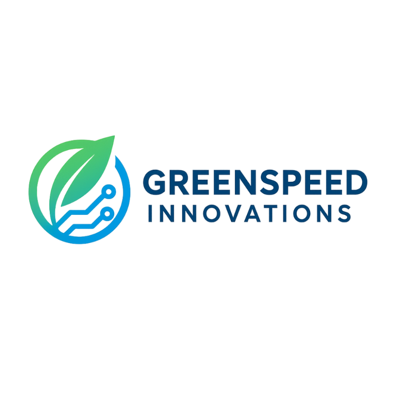 Logo of Greenspeed Innovations with a green leaf and blue circuit design on a white background